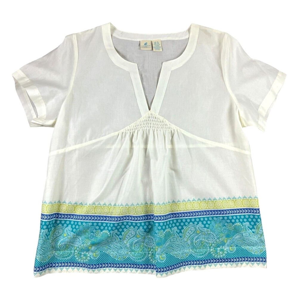 Caribbean Joe Ivory w Turquoise Paisley SS Smocked Blouse Top XL NWOT Boho